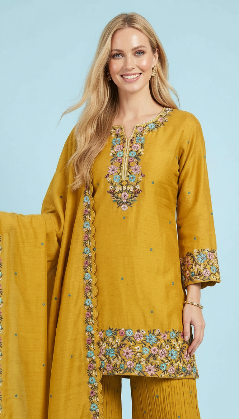 Pure Chinon Embroidered Fancy Work Stitched Flapper Suit - Yellow / HC002431 view 5