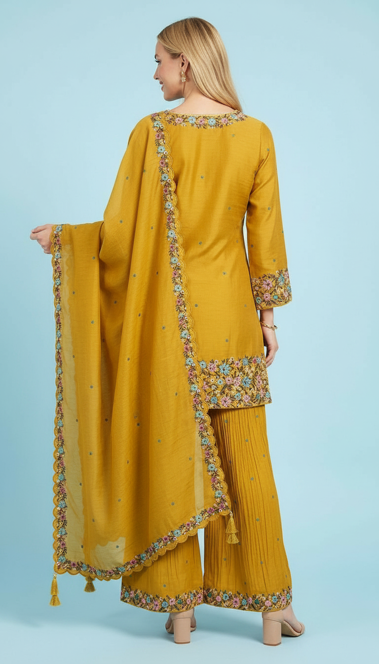 Pure Chinon Embroidered Fancy Work Stitched Flapper Suit - Yellow / HC002431 view 4