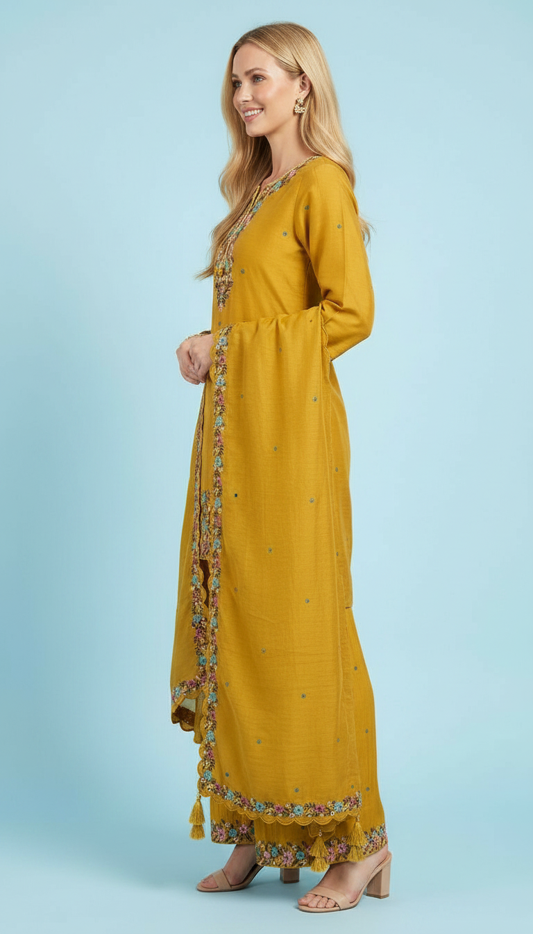 Pure Chinon Embroidered Fancy Work Stitched Flapper Suit - Yellow / HC002431 view 3