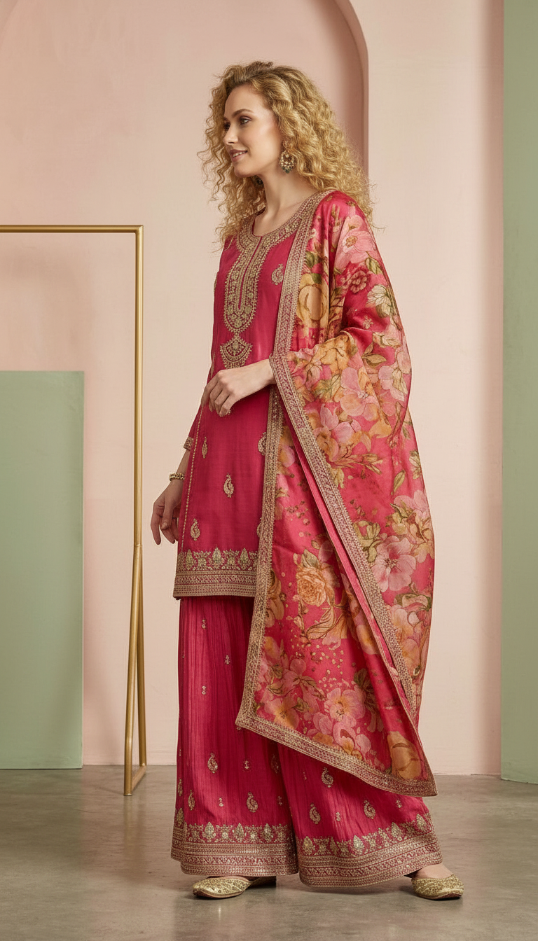 Elegant Soft Silk Embroidered Work Stitched Flapper Suit Set - 10023 / SD00164 view 2