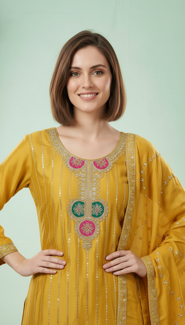 Heavy Embroidered Work Chinon Stitched Flapper Suit 6432 / SD0048 view 6