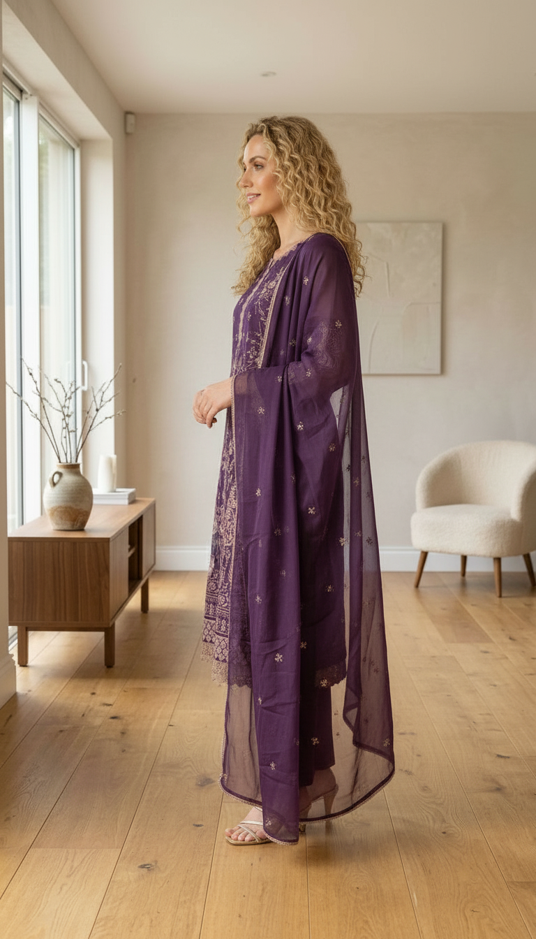 Pure Organza Reshm  Embroidery Work Unstitched Suit - Wine  / HC001830 view 2