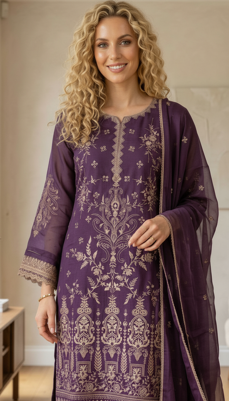 Pure Organza Reshm  Embroidery Work Unstitched Suit - Wine  / HC001830 view 4