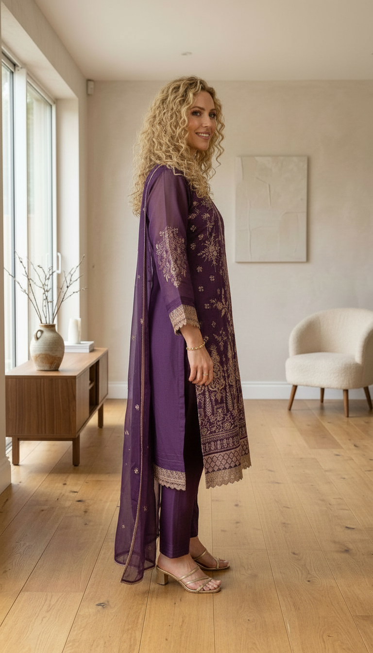 Pure Organza Reshm  Embroidery Work Unstitched Suit - Wine  / HC001830 view 3