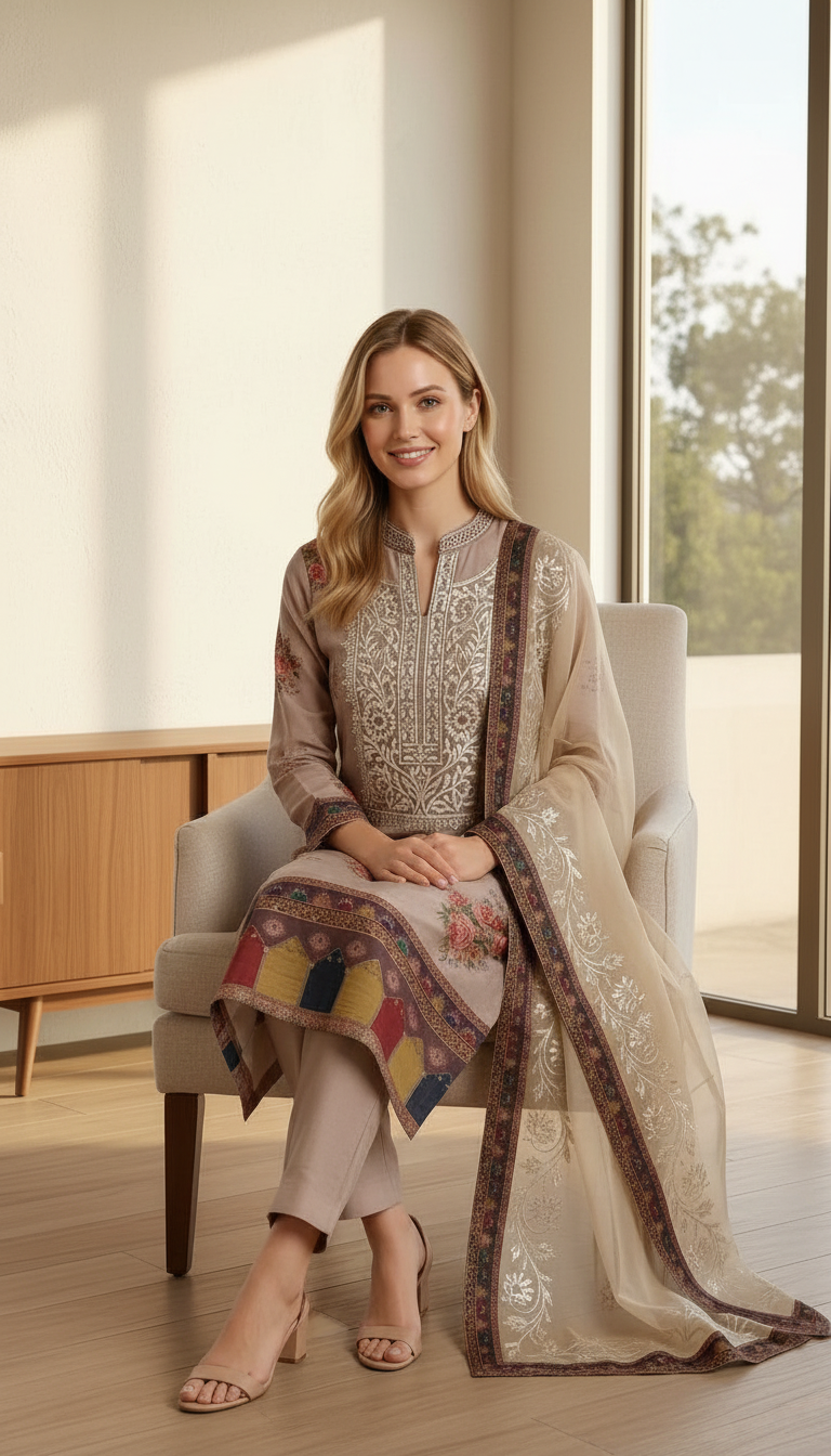 Gota Patti Embroidered Work Unstitched Stylish Suit -  Brown / HC001823 view 6