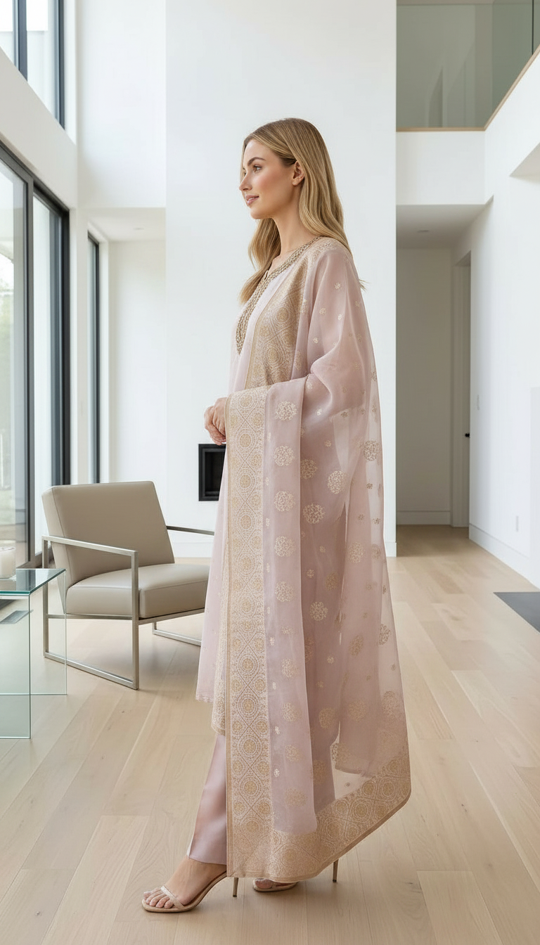 Elegant Organza Banarsi Hand Work Unstitched Suit - Light Peech A / HC001672 view 9