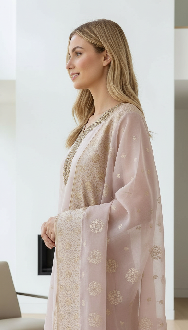 Elegant Organza Banarsi Hand Work Unstitched Suit - Light Peech A / HC001672 view 6