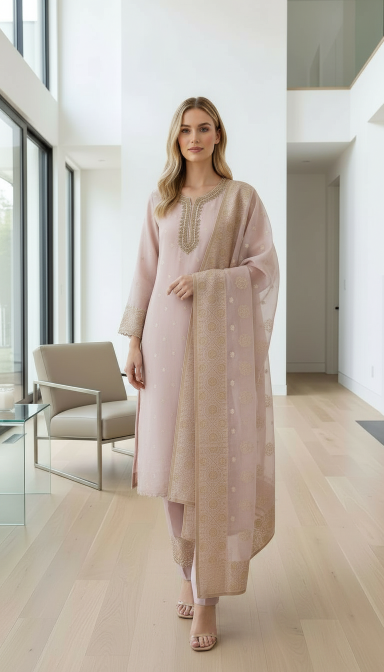Elegant Organza Banarsi Hand Work Unstitched Suit - Light Peech A / HC001672 view 3