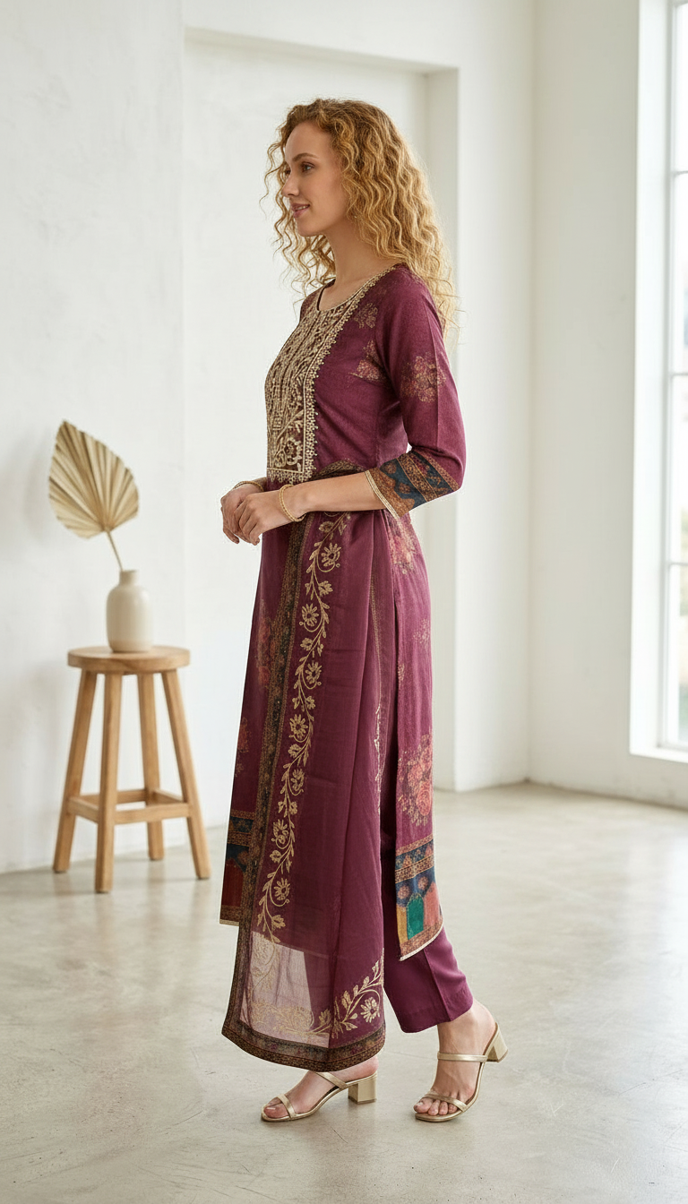 Pure Gotta Patti Embroidered Work Unstitched Stylish Suit - Wine / HC001823 view 2