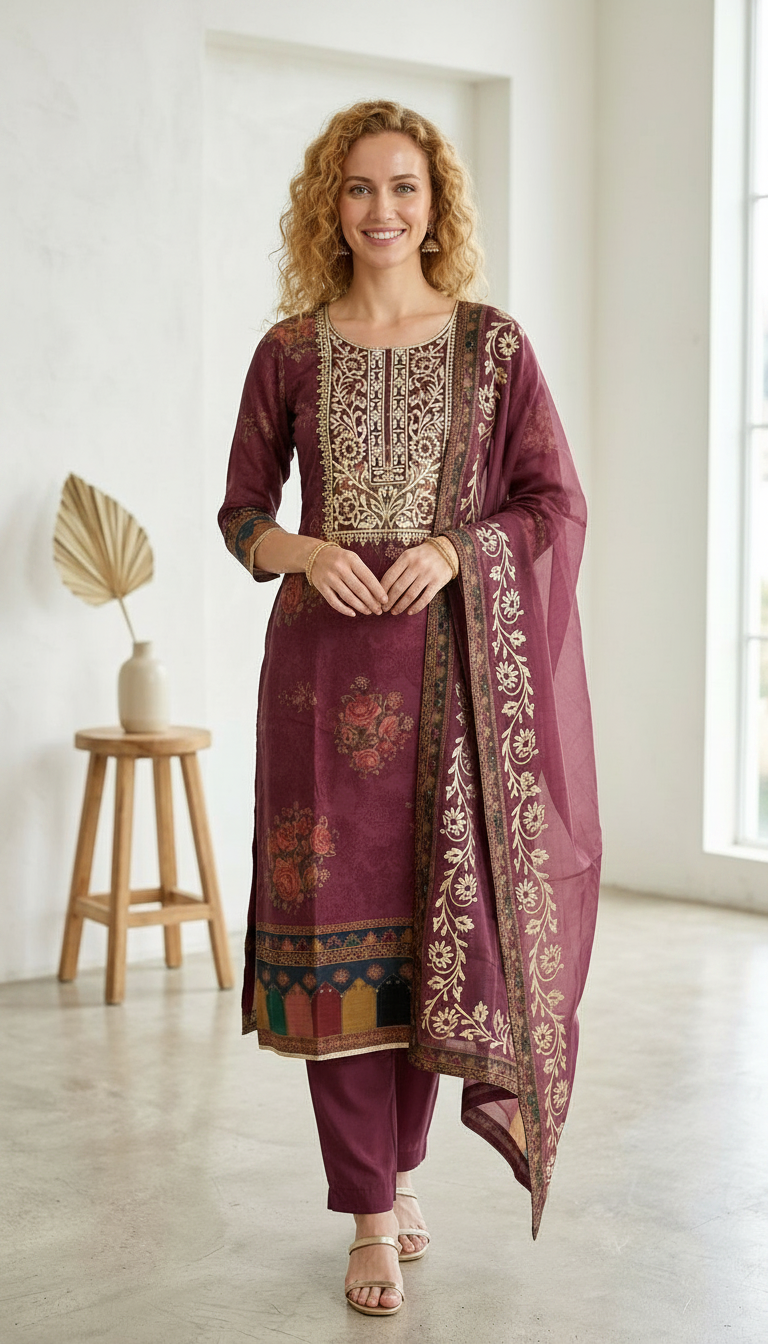 Pure Gotta Patti Embroidered Work Unstitched Stylish Suit - Wine / HC001823 view 7
