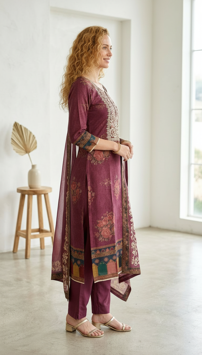 Pure Gotta Patti Embroidered Work Unstitched Stylish Suit - Wine / HC001823 view 3