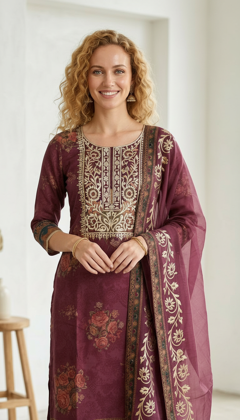 Pure Gotta Patti Embroidered Work Unstitched Stylish Suit - Wine / HC001823 view 5