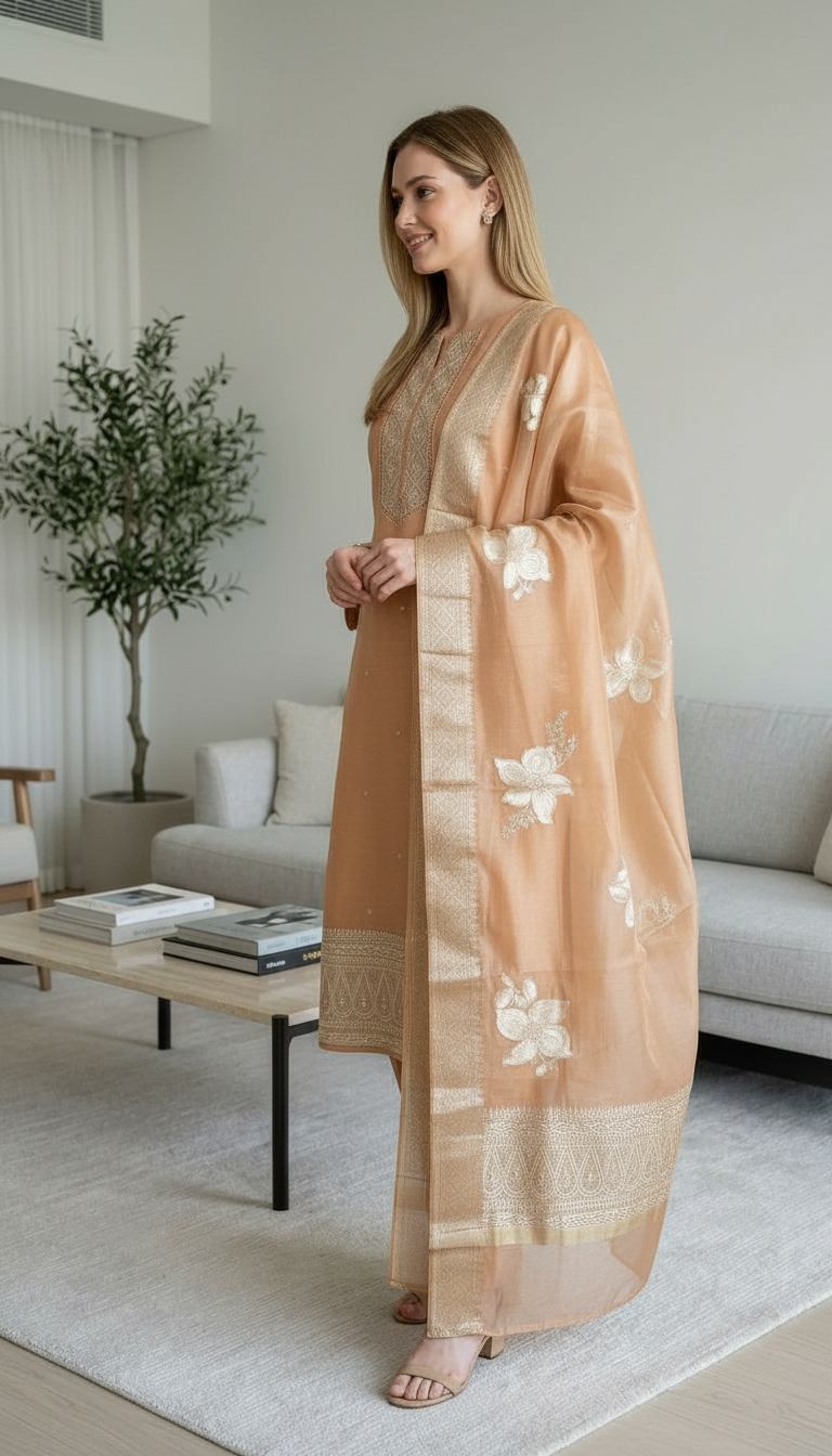 Embroidered Work Organza Shimmer Stylish Unstitched Suit - 380 / HC002045 view 2