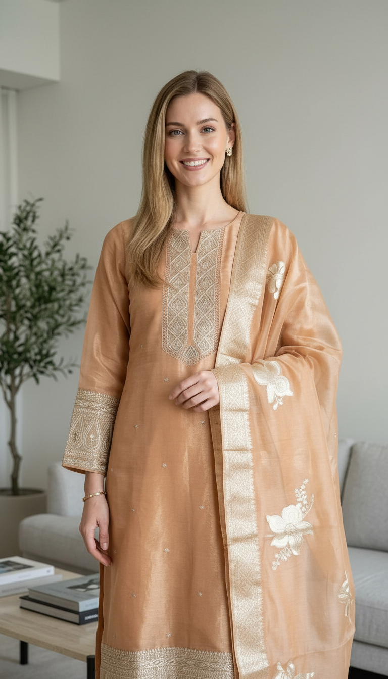 Embroidered Work Organza Shimmer Stylish Unstitched Suit - 380 / HC002045 view 5