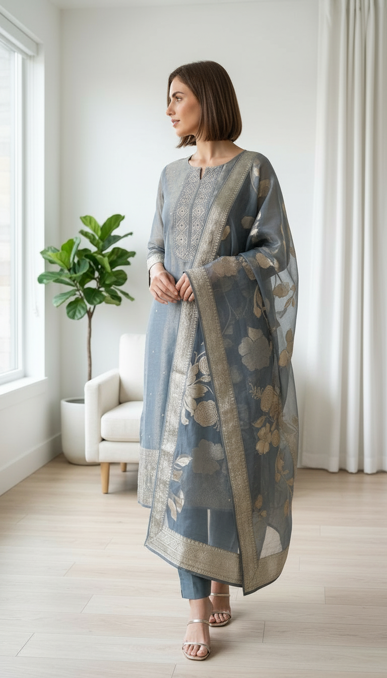 Embroidered Work Organza Shimmer Stylish Unstitched Suit - 342 / HC002045 view 2