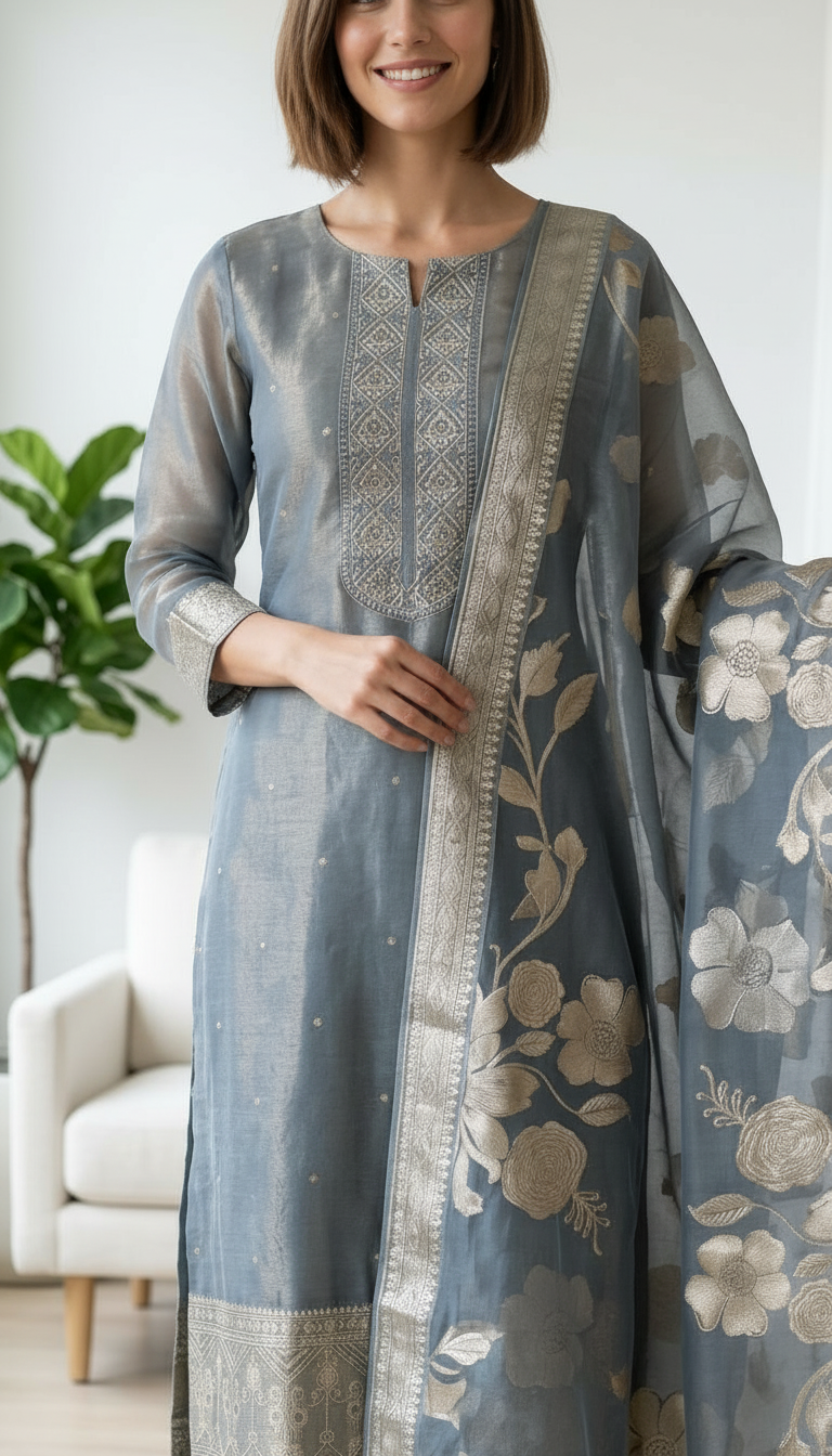 Embroidered Work Organza Shimmer Stylish Unstitched Suit - 342 / HC002045 view 6
