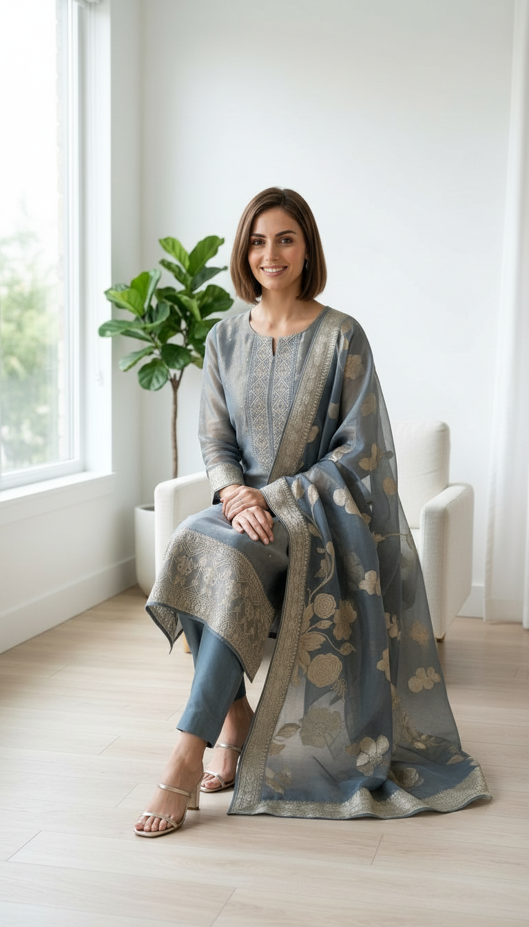 Embroidered Work Organza Shimmer Stylish Unstitched Suit - 342 / HC002045 view 7