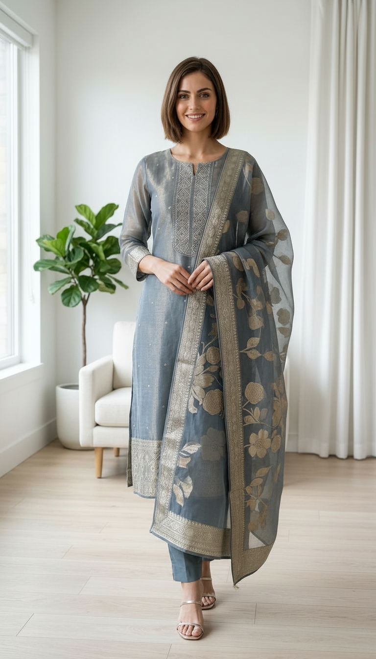 Embroidered Work Organza Shimmer Stylish Unstitched Suit - 342 / HC002045 view 3