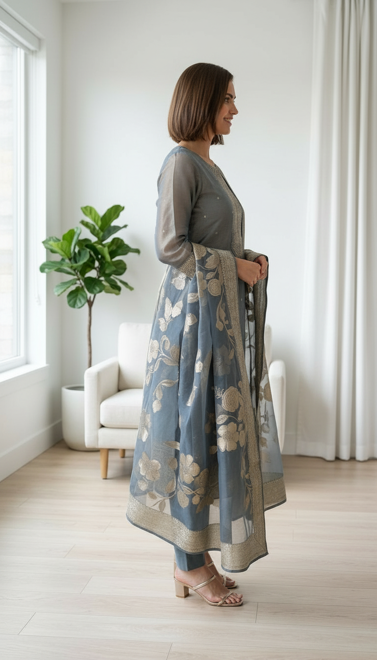 Embroidered Work Organza Shimmer Stylish Unstitched Suit - 342 / HC002045 view 4
