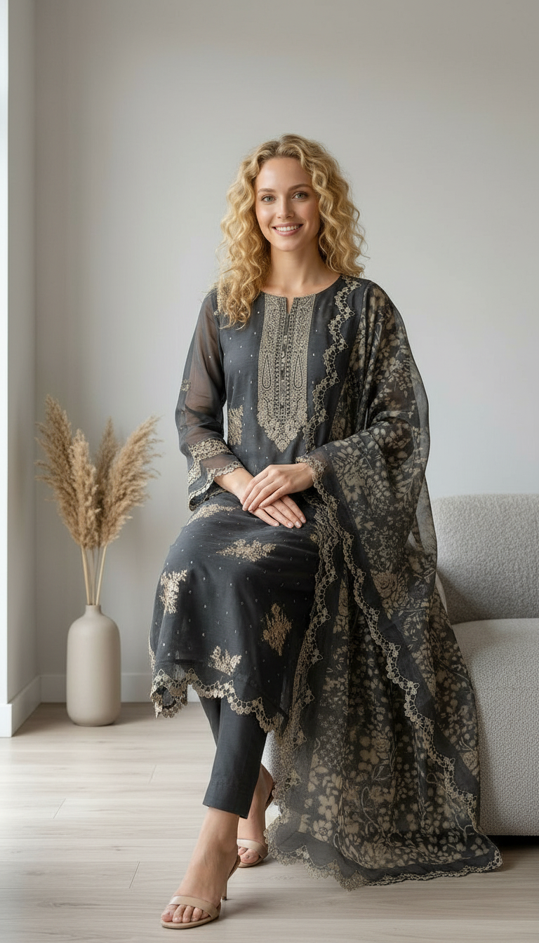 Fancy Embroidered Organza Juqeard Work Unstitched Suit - 2038 - B / HC001477 view 5