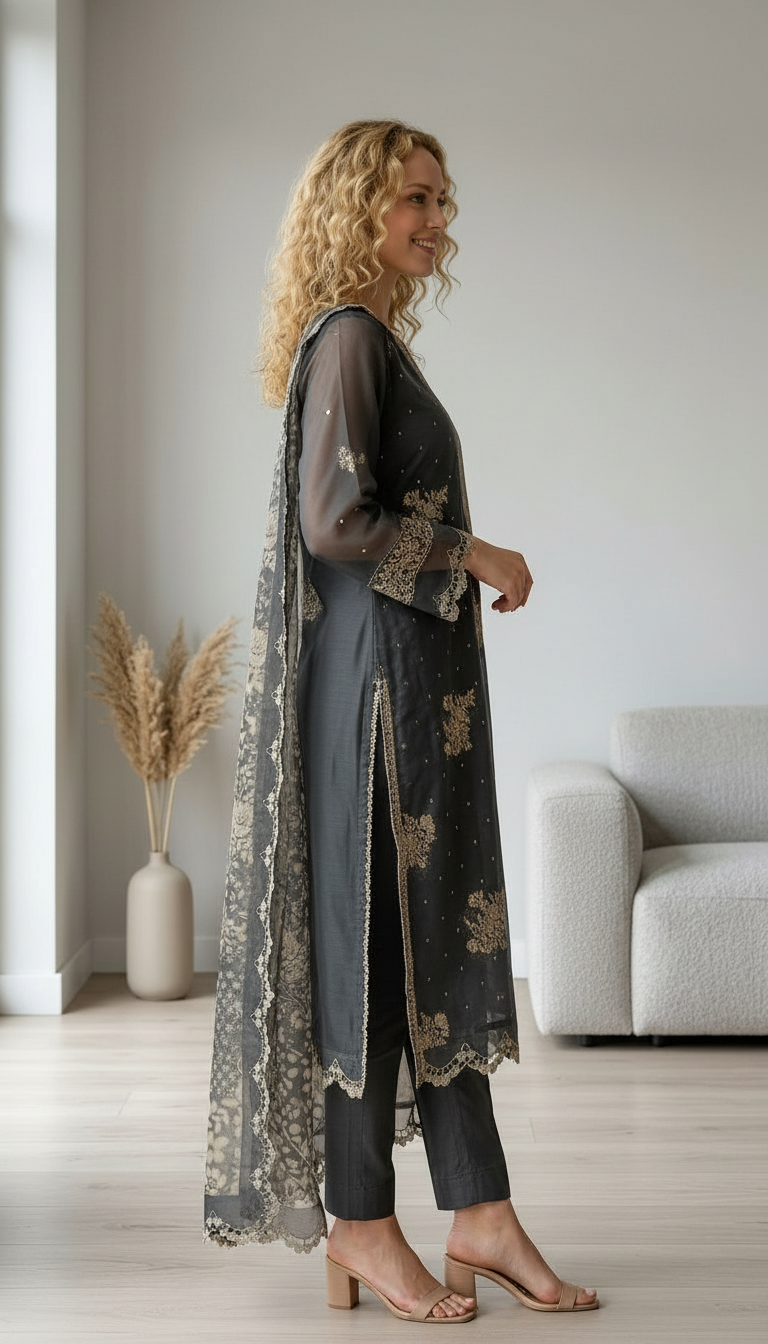 Fancy Embroidered Organza Juqeard Work Unstitched Suit - 2038 - B / HC001477 view 3