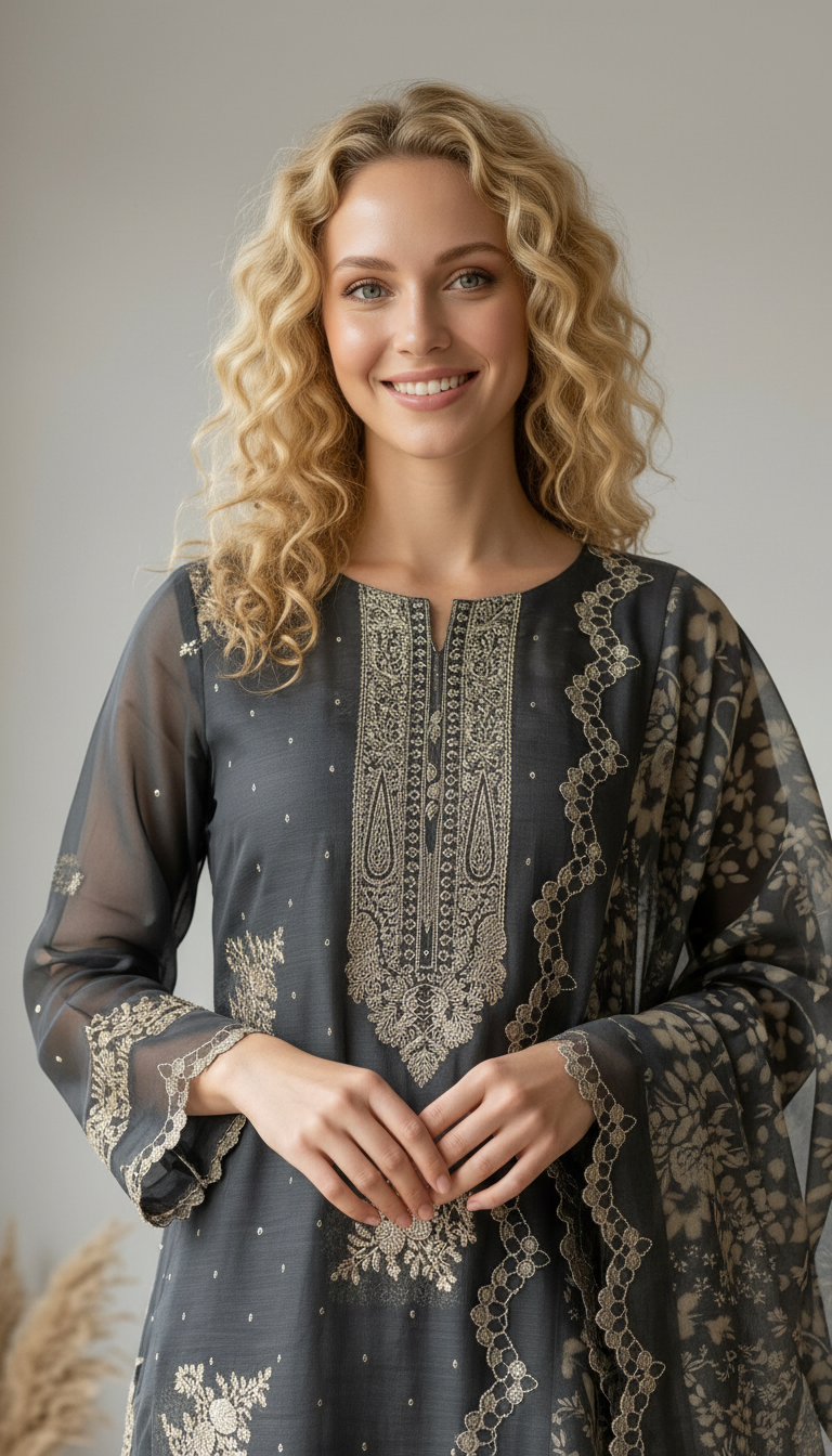Fancy Embroidered Organza Juqeard Work Unstitched Suit - 2038 - B / HC001477 view 4