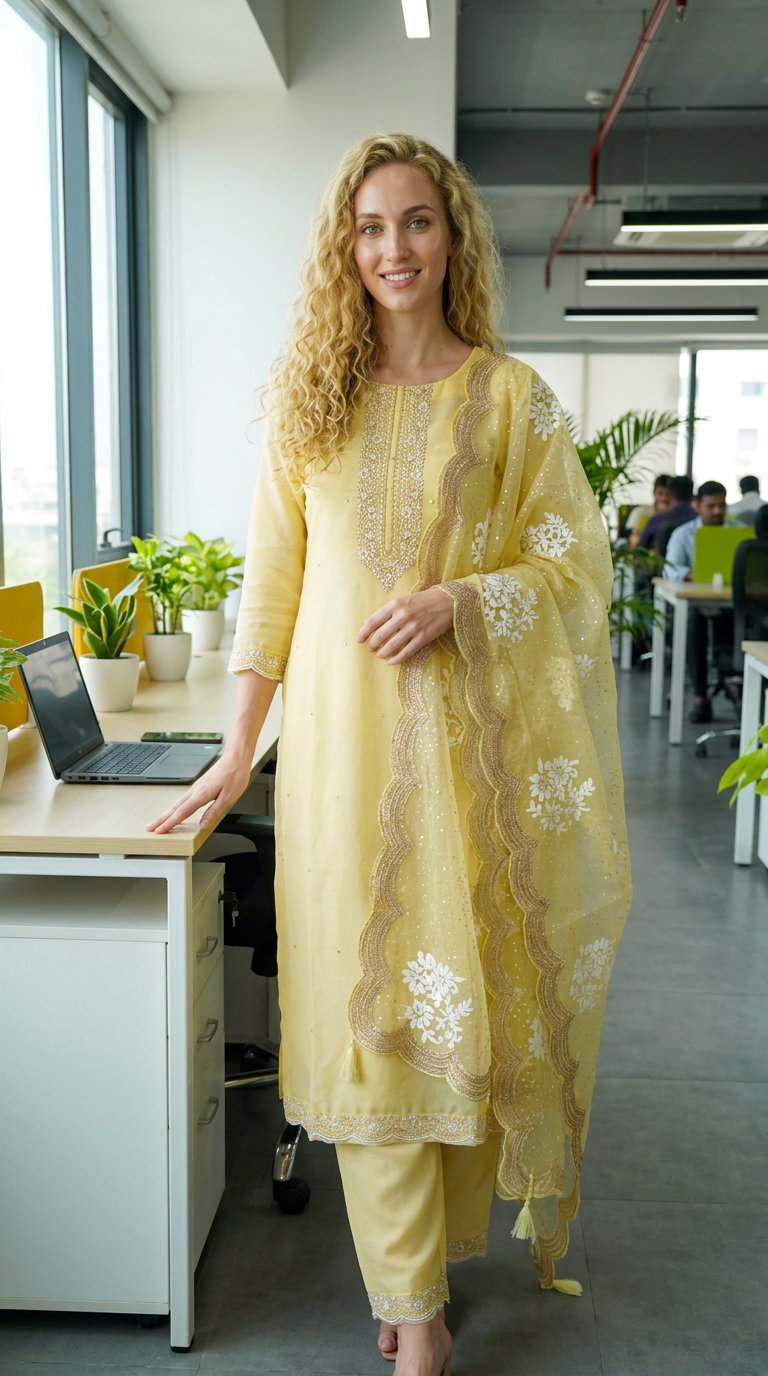 Kota Check Fabric Embroidery Work Light Yellow Unstitched Suit - NT 01 - HC00714