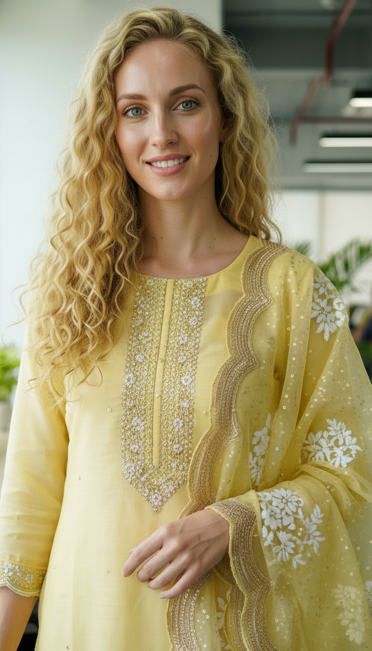 Kota Check Fabric Embroidery Work Light Yellow Unstitched Suit - NT 01 - HC00714 view 4