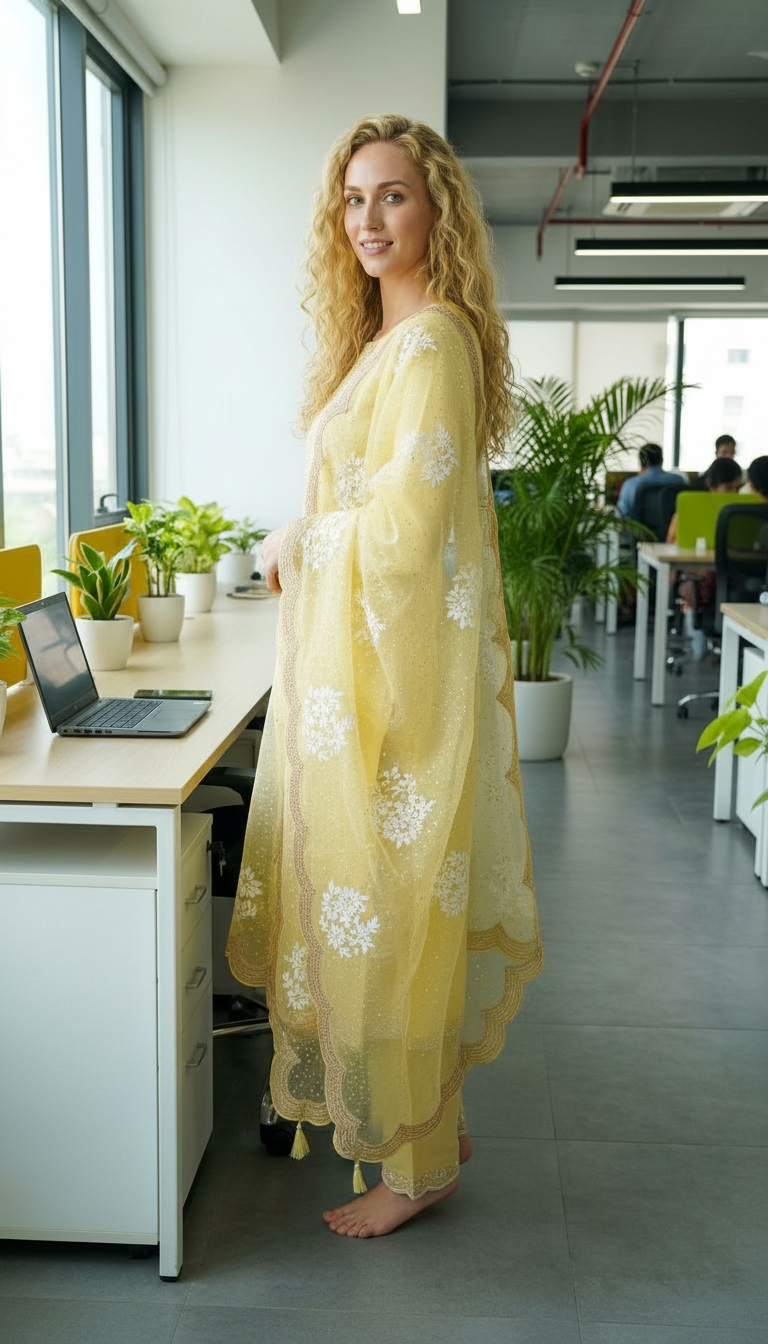Kota Check Fabric Embroidery Work Light Yellow Unstitched Suit - NT 01 - HC00714 view 3