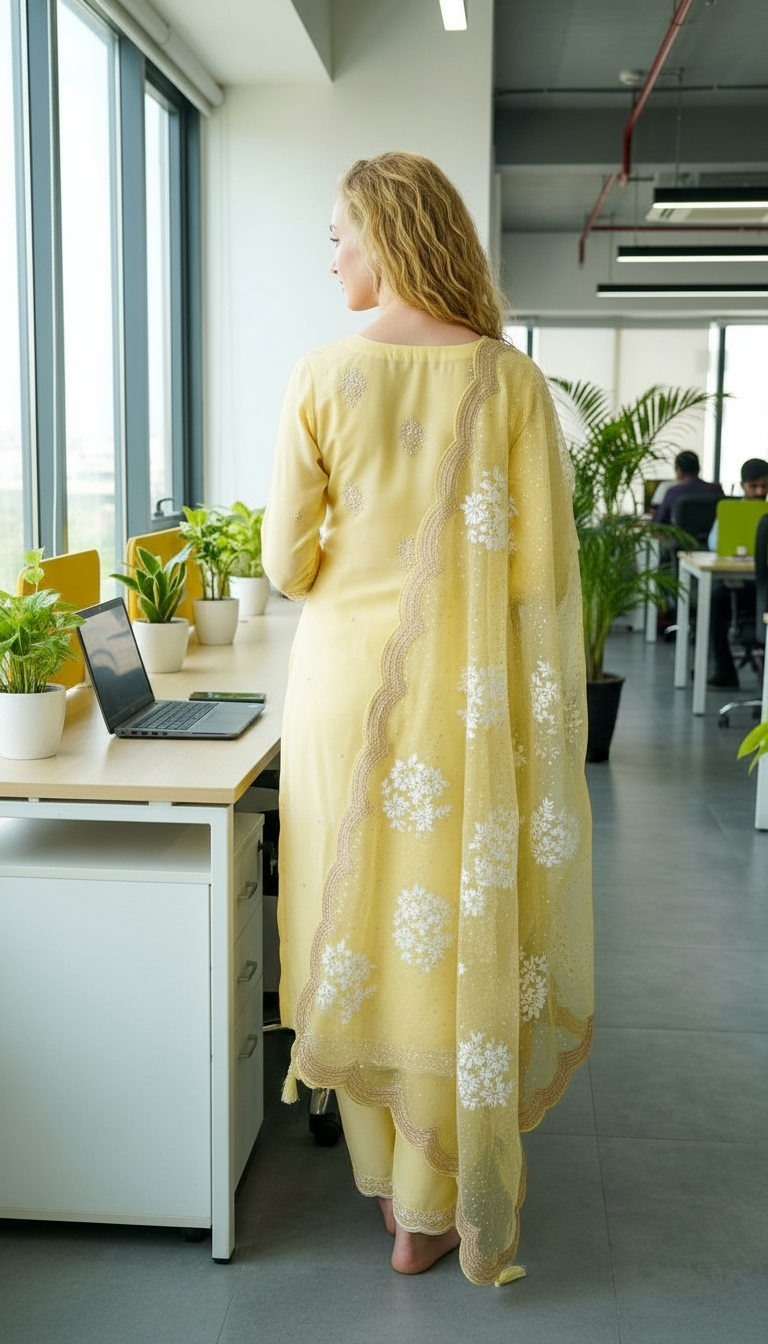 Kota Check Fabric Embroidery Work Light Yellow Unstitched Suit - NT 01 - HC00714 view 5