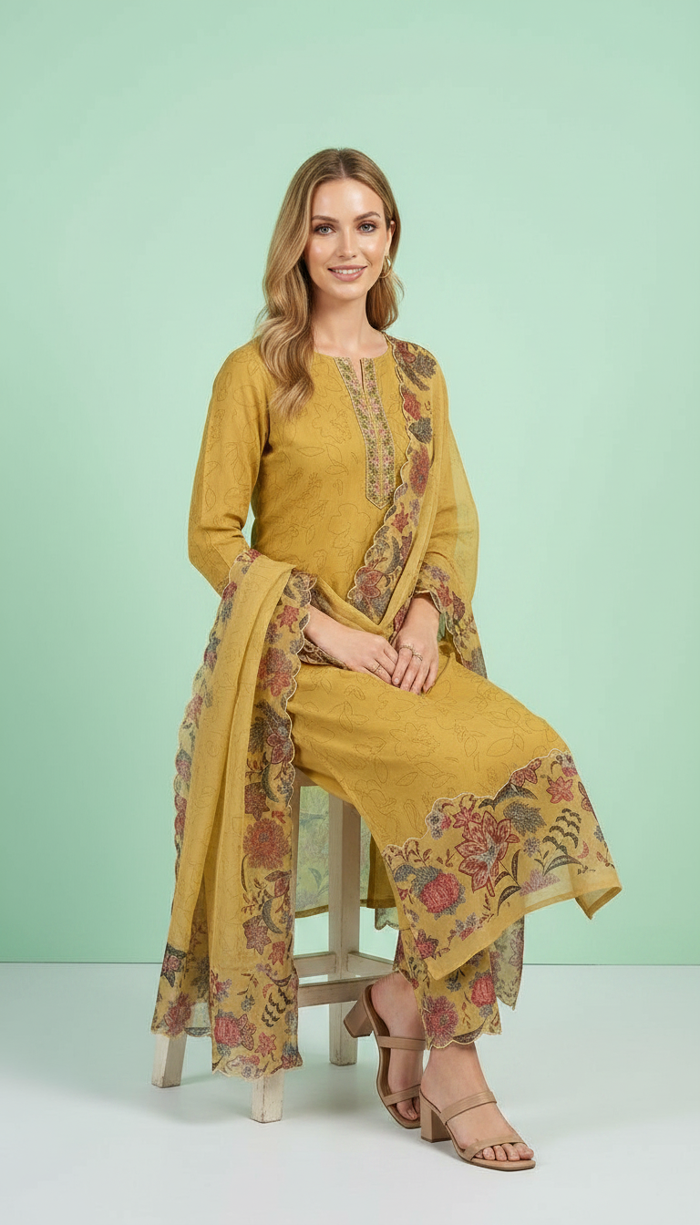 Embroidered Stylish Printed Unstitched Suit - Golden 27 / HC001759 view 6