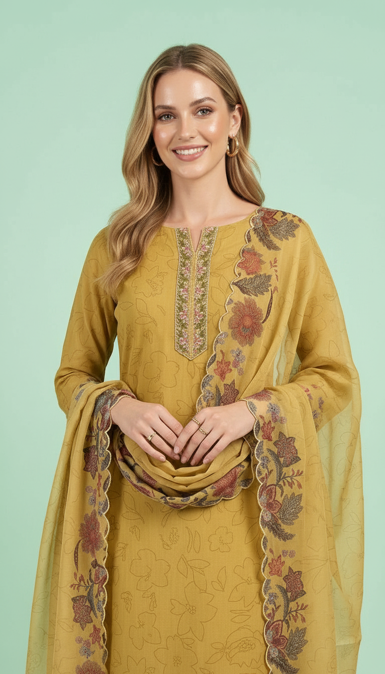 Embroidered Stylish Printed Unstitched Suit - Golden 27 / HC001759 view 5