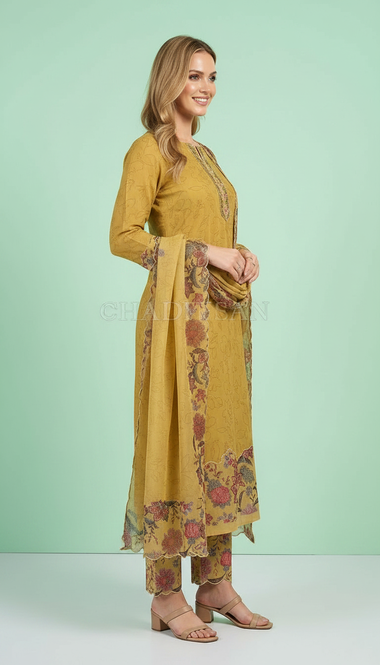 Embroidered Stylish Printed Unstitched Suit - Golden 27 / HC001759 view 4