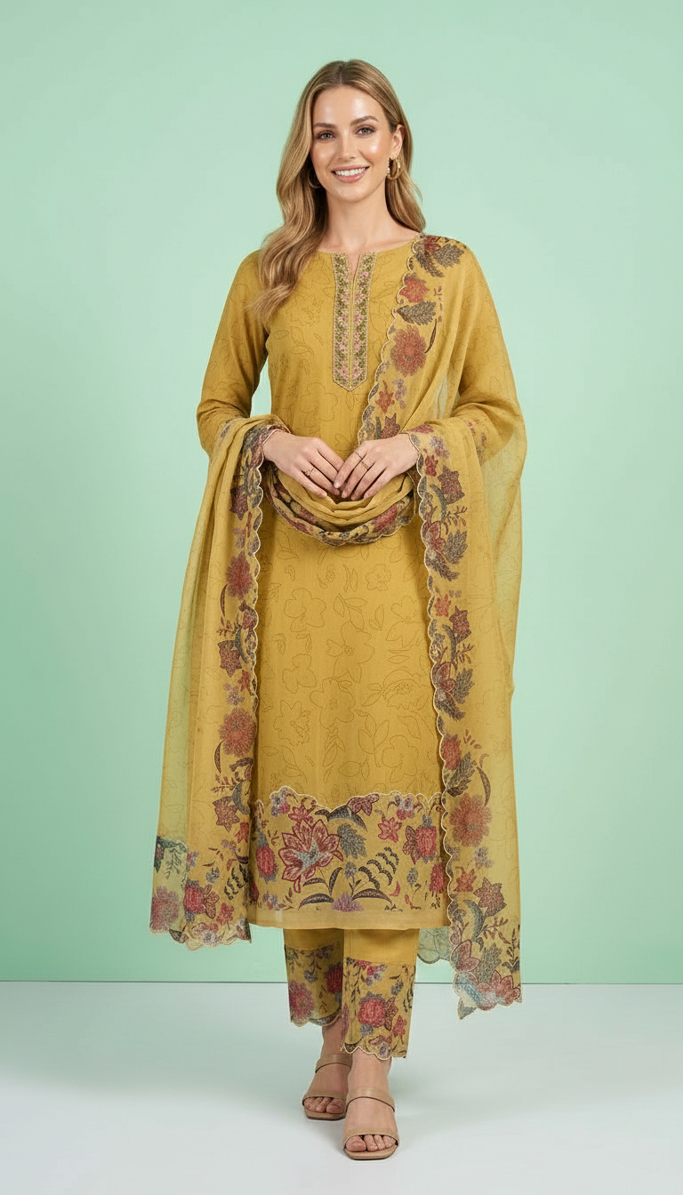Embroidered Stylish Printed Unstitched Suit - Golden 27 / HC001759 view 3