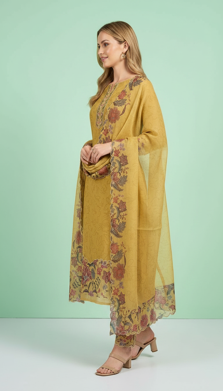 Embroidered Stylish Printed Unstitched Suit - Golden 27 / HC001759 view 2