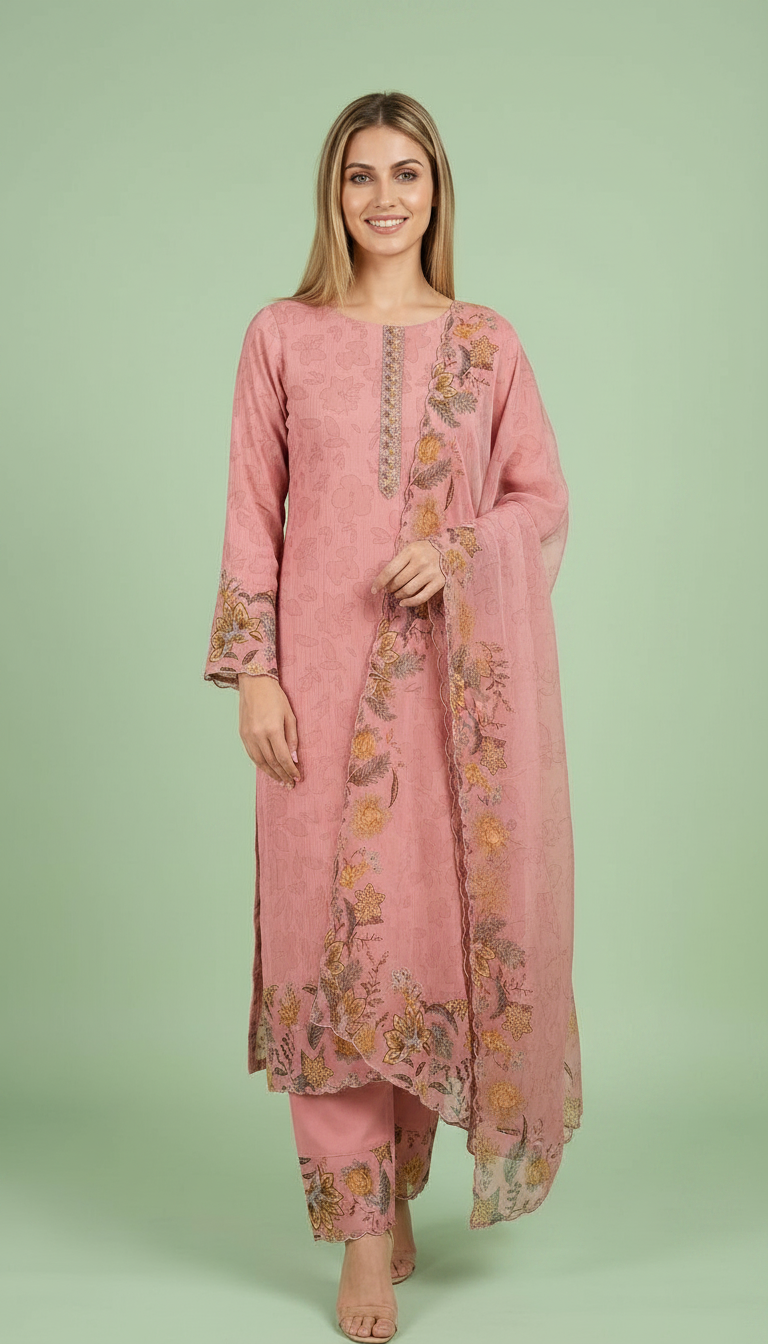 Embroidered Stylish Printed Unstitched Suit - Pink 27 / HC001759 view 3
