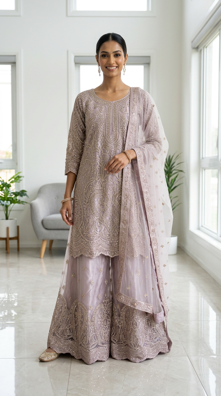 Heavy Embroidered Net Work Party Wear Stitched Flapper Suit Set - 7590 B PInk L / HC002430