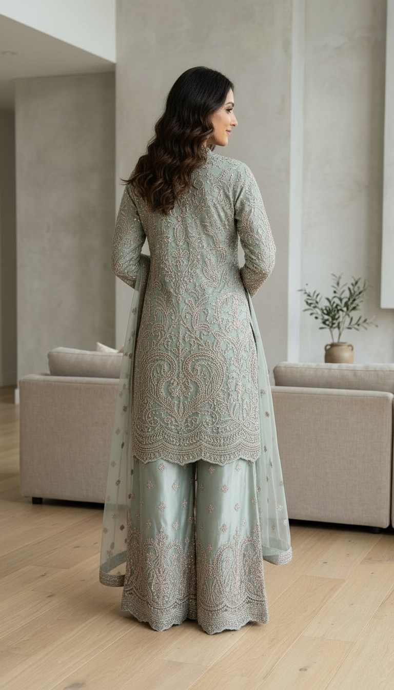 Heavy Embroidered Net Work Party Wear Stitched Flapper Suit Set - 7590 C Pista Green L / HC002430 view 4