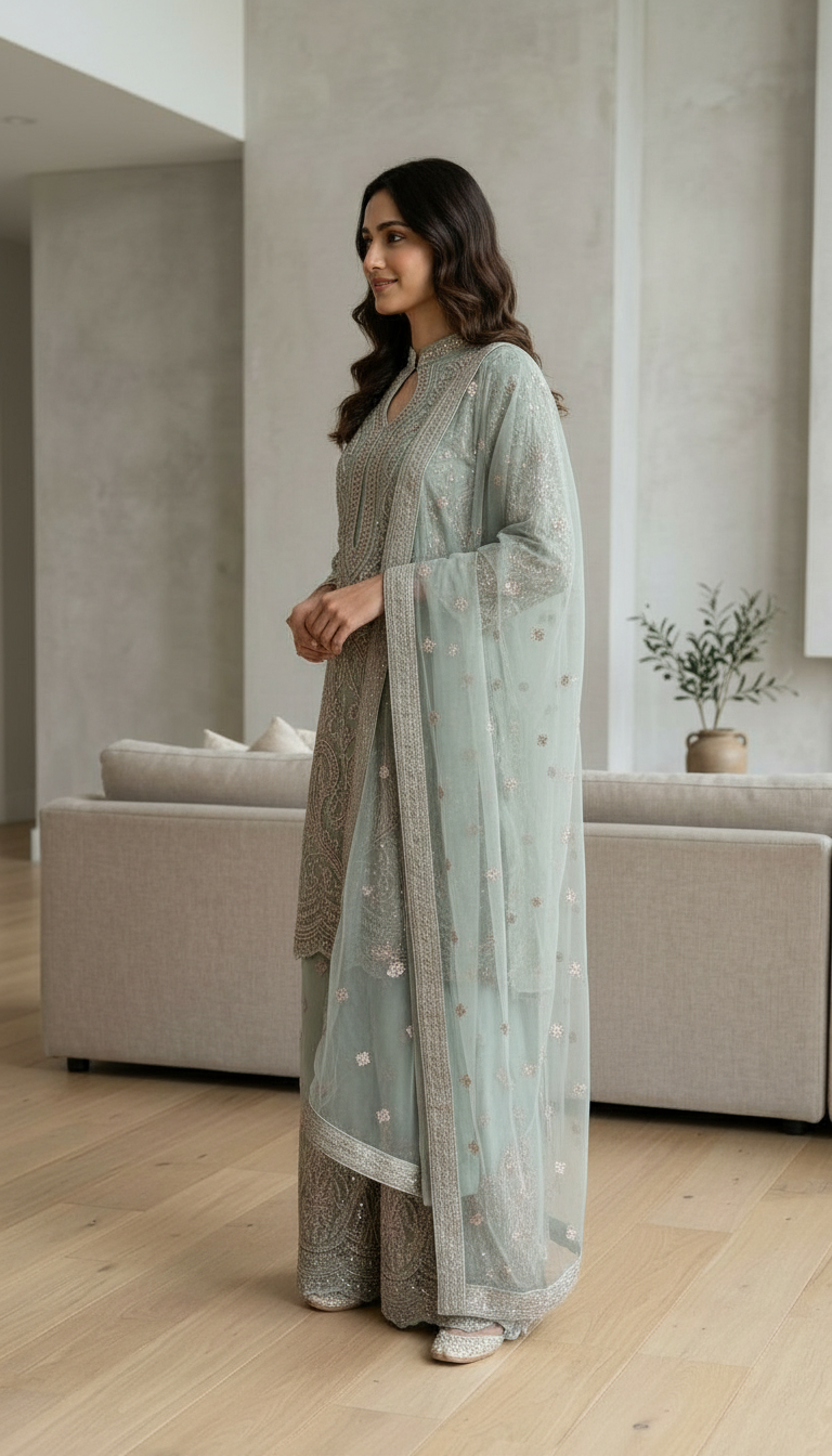 Heavy Embroidered Net Work Party Wear Stitched Flapper Suit Set - 7590 C Pista Green L / HC002430 view 2
