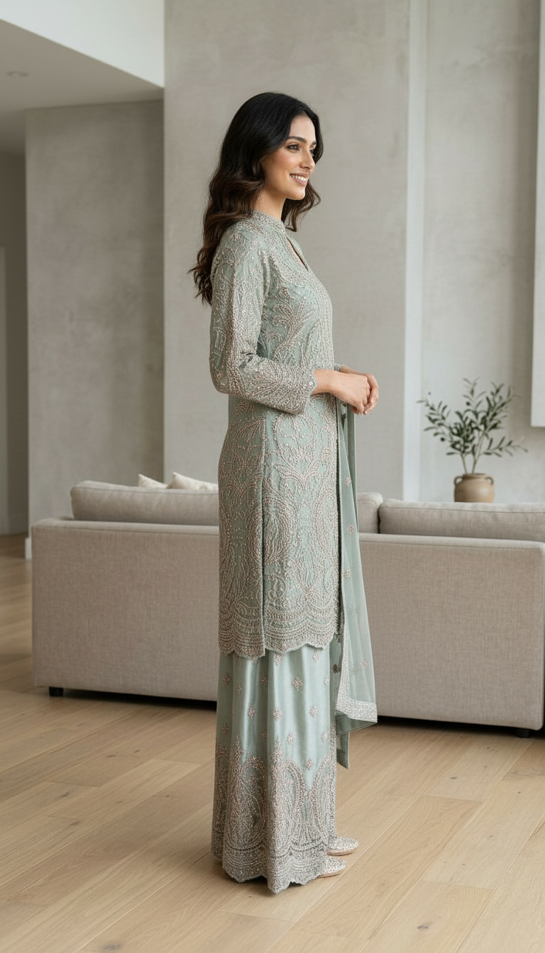 Heavy Embroidered Net Work Party Wear Stitched Flapper Suit Set - 7590 C Pista Green L / HC002430 view 3