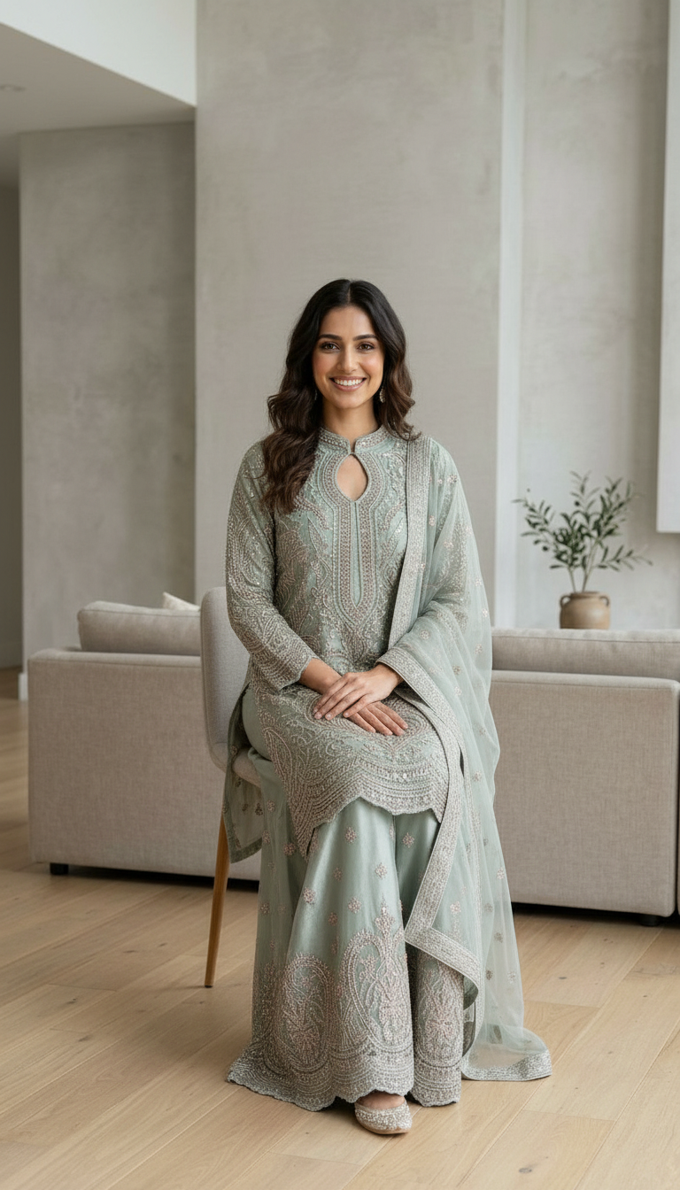 Heavy Embroidered Net Work Party Wear Stitched Flapper Suit Set - 7590 C Pista Green L / HC002430 view 6