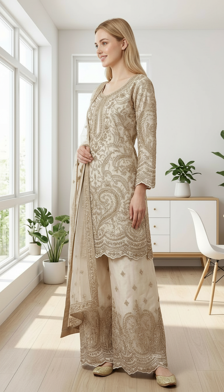 Heavy Embroidered Net Work Party Wear Stitched Flapper Suit Set - 7590 A White  L / HC002430 view 2