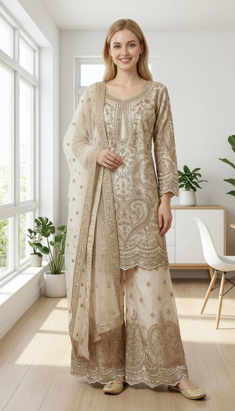Heavy Embroidered Net Work Party Wear Stitched Flapper Suit Set - 7590 A White  L / HC002430 view 3