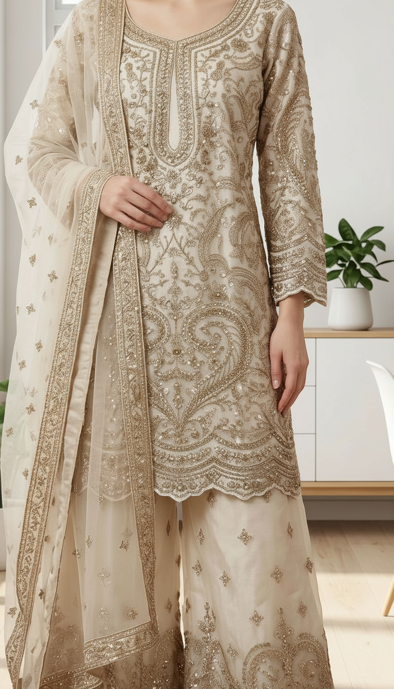 Heavy Embroidered Net Work Party Wear Stitched Flapper Suit Set - 7590 A White  L / HC002430 view 5