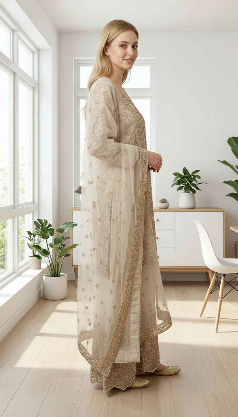 Heavy Embroidered Net Work Party Wear Stitched Flapper Suit Set - 7590 A White  L / HC002430 view 4