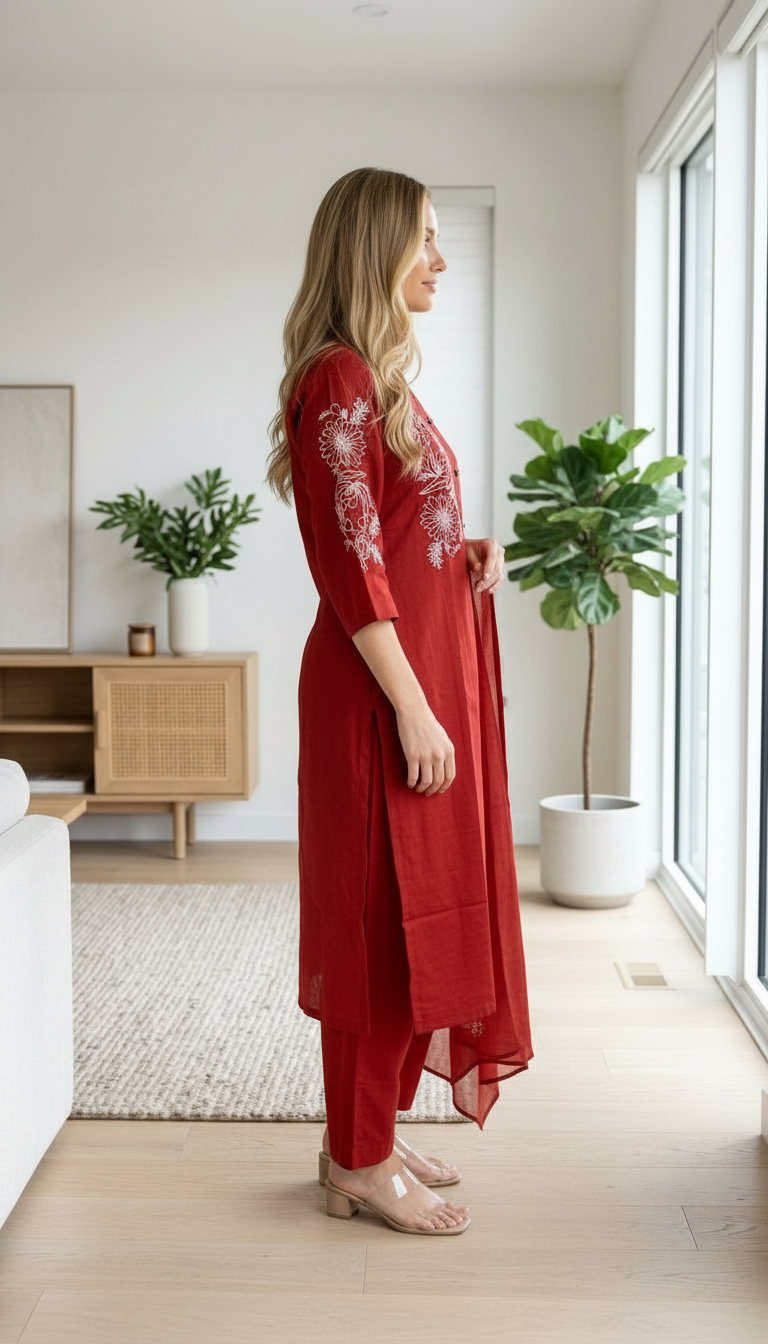 Embroidered Red Cotton Stitched Kurta Suit Set Maroon L / SD00188 view 3