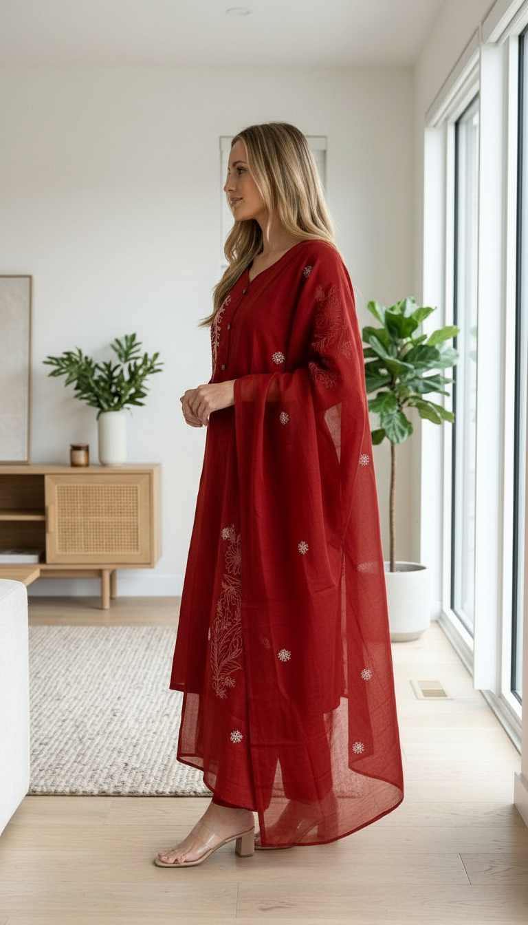 Embroidered Red Cotton Stitched Kurta Suit Set Maroon L / SD00188 view 2