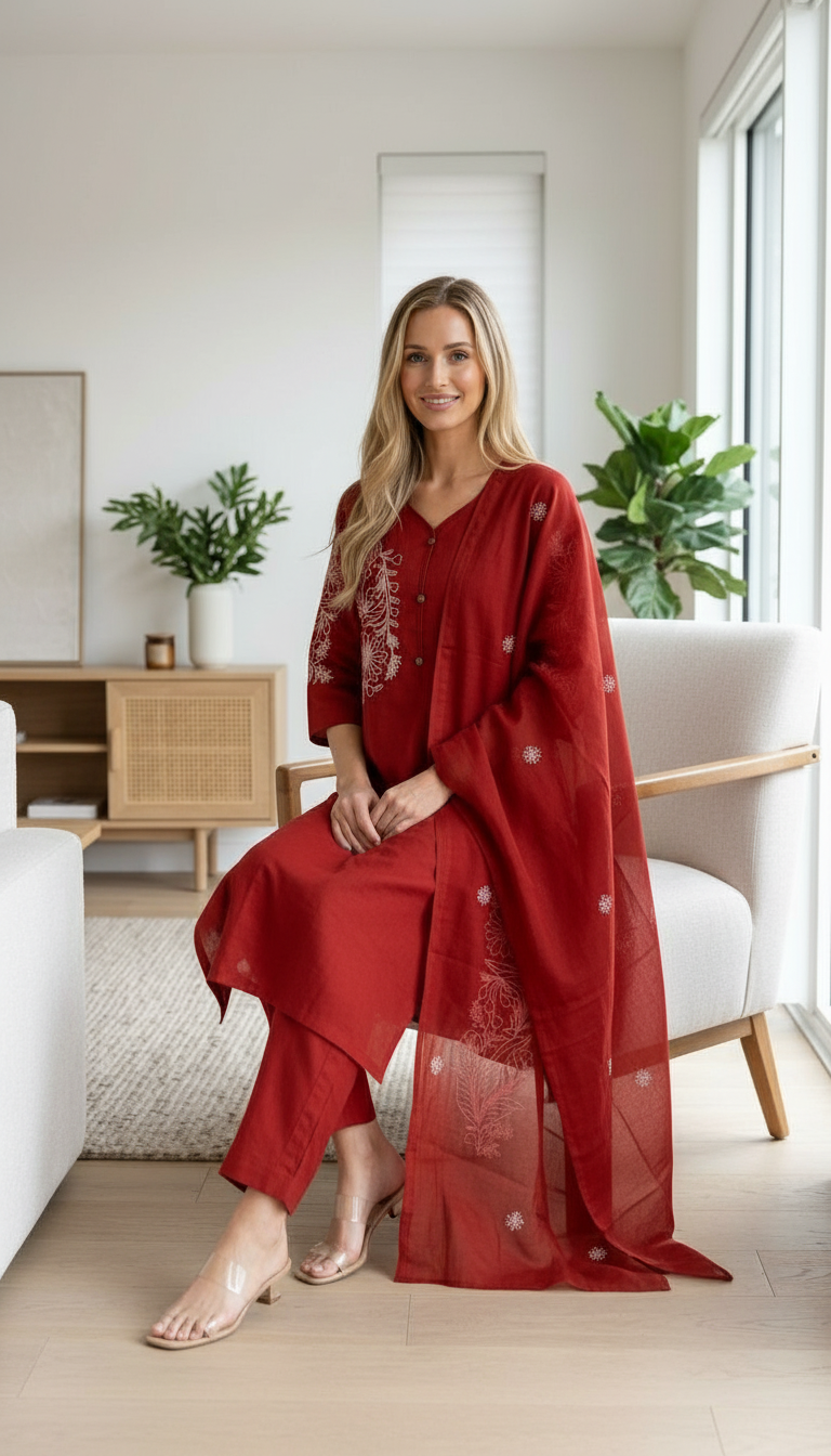 Embroidered Red Cotton Stitched Kurta Suit Set Maroon L / SD00188 view 5