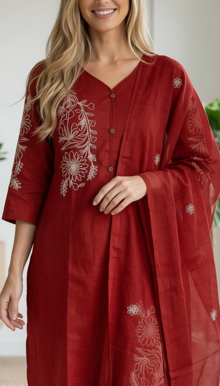 Embroidered Red Cotton Stitched Kurta Suit Set Maroon L / SD00188 view 4