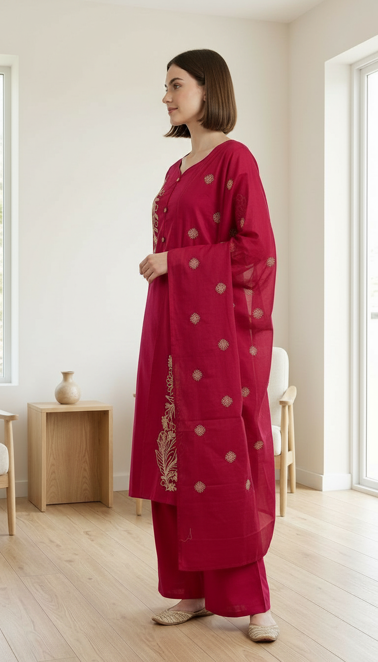 Embroidered Majanta Cotton Stitched Ethnic Suit - Majanta  / SD00188 view 2